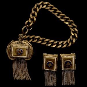 VINTAGE Victorian-Era Gold Seed Pearl & Enamel Tassel Bracelet & Earring Set